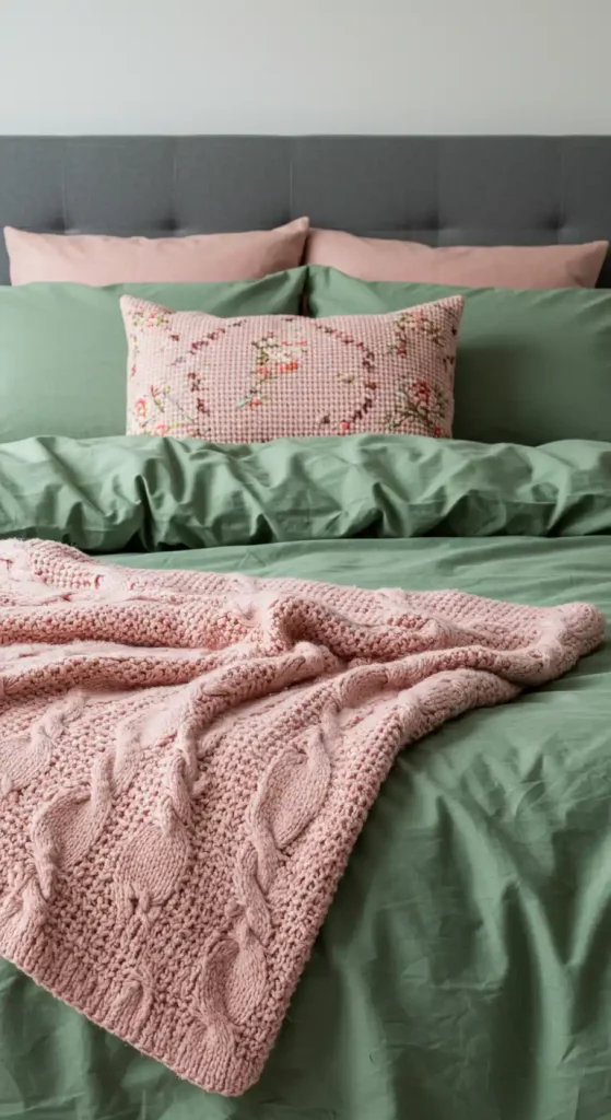 2. Layer Textures with Sage Green and Blush Bedding