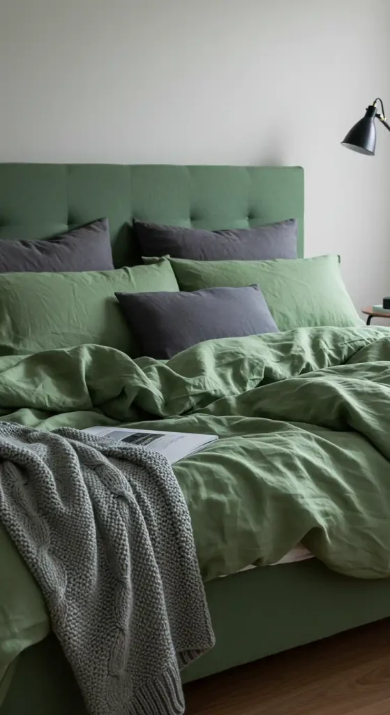 2. Layer Your Bedding in Green and Grey