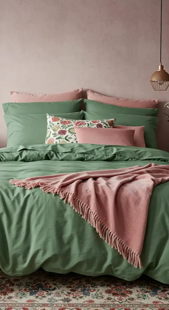 2. Sage Green and Pink Bedding Layers