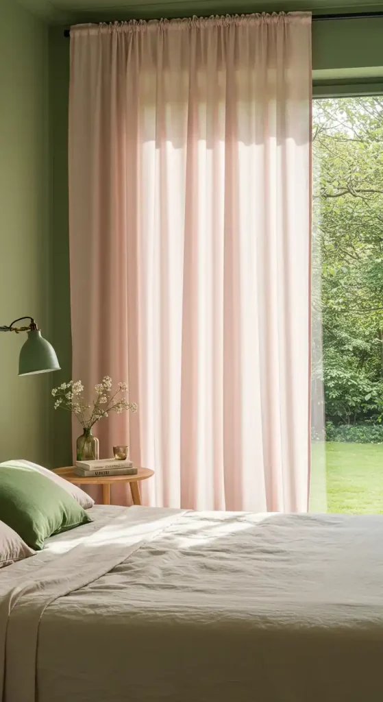4. Sage Green and Pink Curtains for Soft Vibes