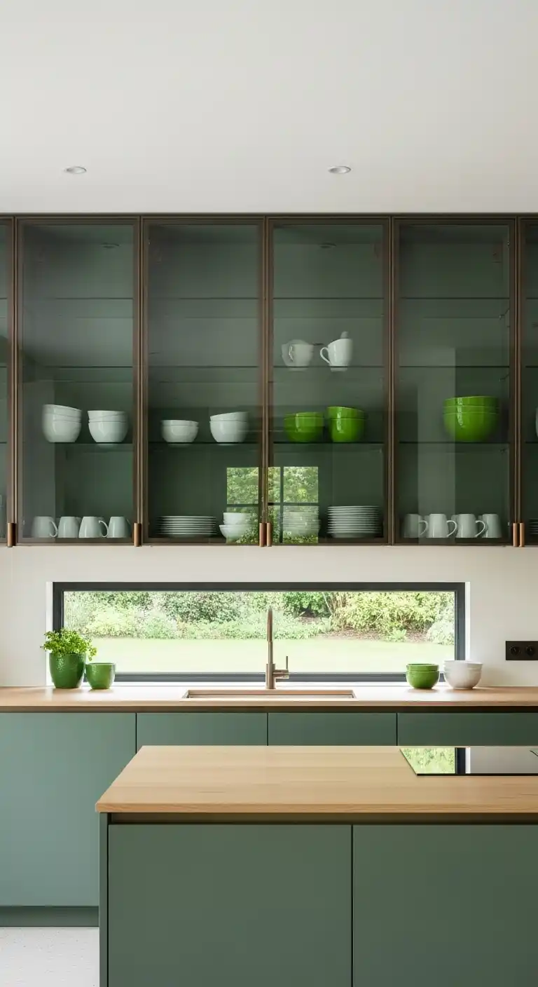 Add Glass-Front Green Cabinets