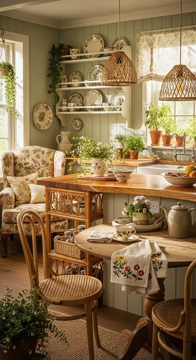 12. Whimsical Cottage Core Floral Patterns, Rattan, And Gentle Light