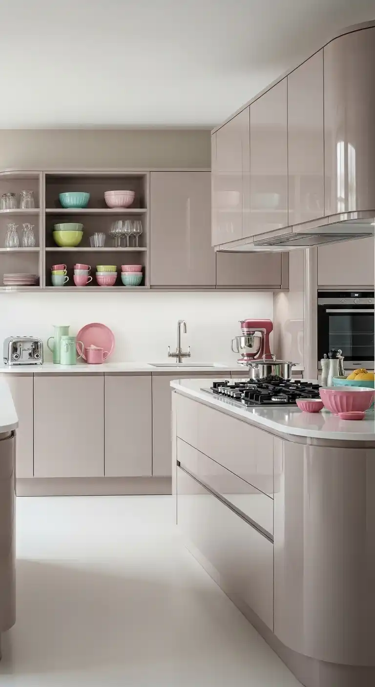 Vintage-Gloss Kitchen With Curved Cabinets