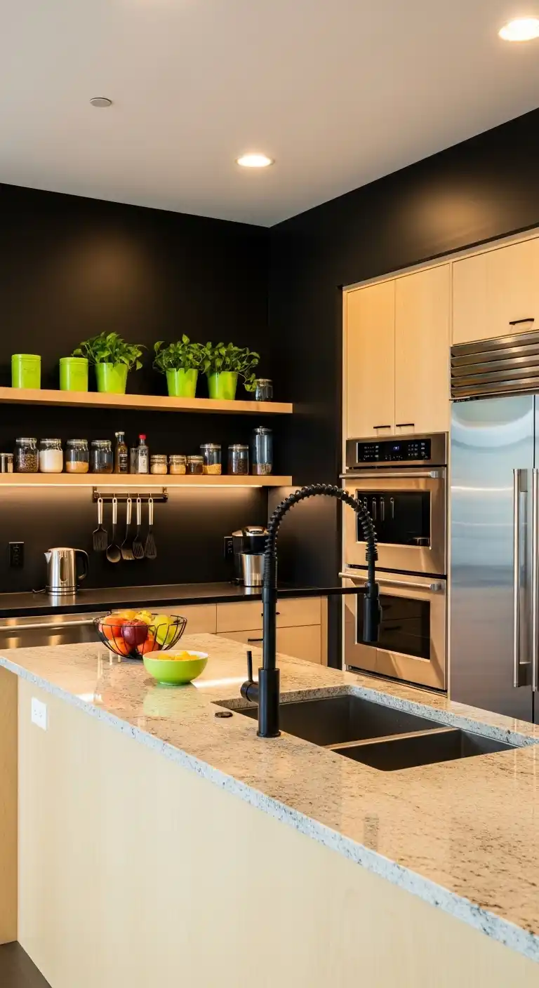 15. Bold, Black-Walled Kitchen Oasis