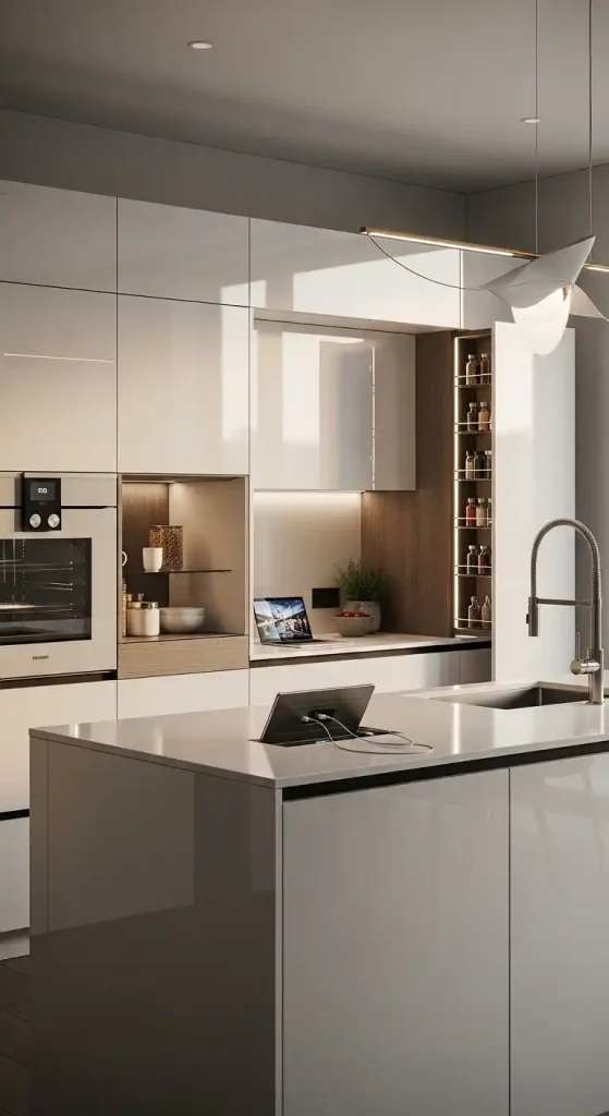 3. Ultra-Gloss Minimalist Kitchen With Hidden Tech