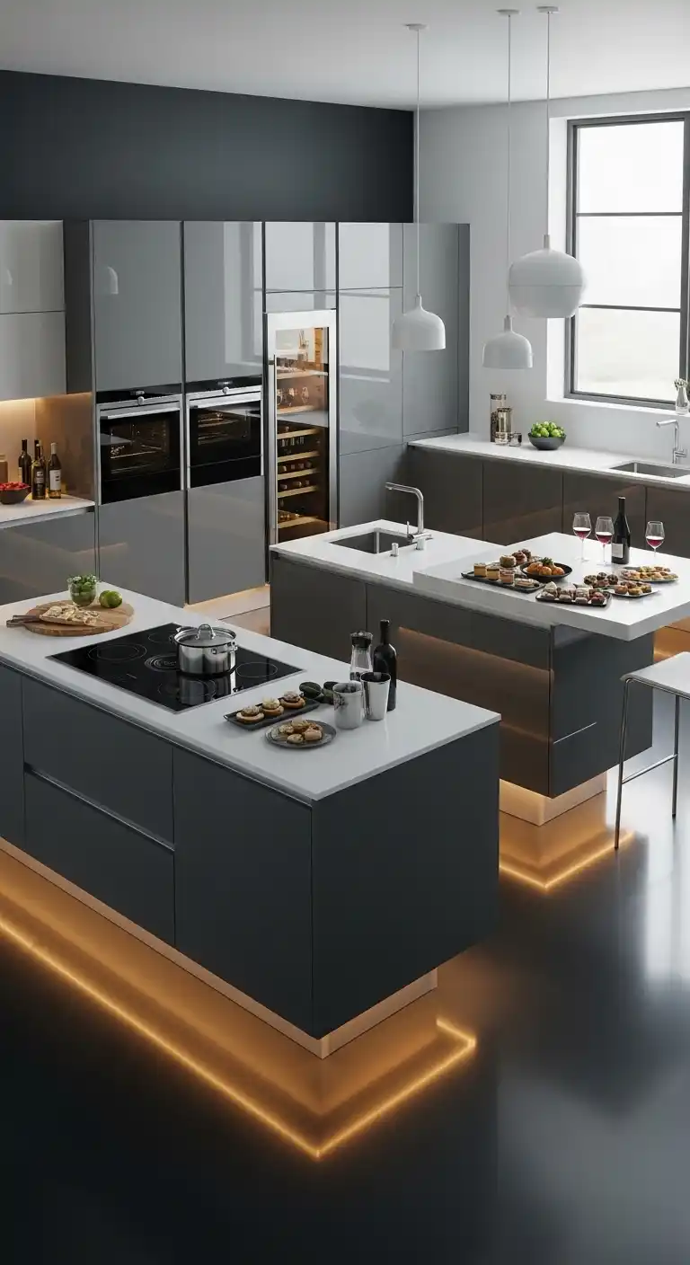 6. High-Gloss Studio Kitchen With Floating Islands