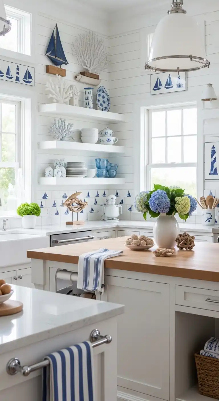 7. Coastal Crisp Kitchen With Seaside Silhouettes