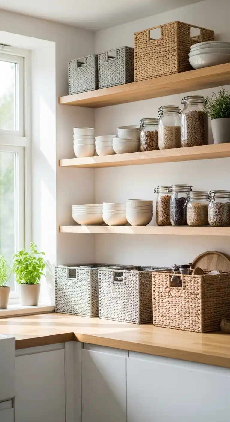 7. Scandinavian-Soaked Open Shelving With Baskets
