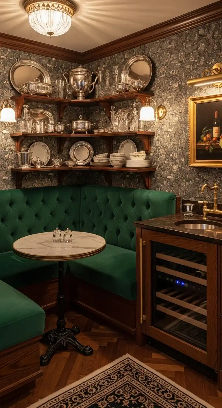 8. Old-World Luxe Butler’s Nook With Velvet Textures