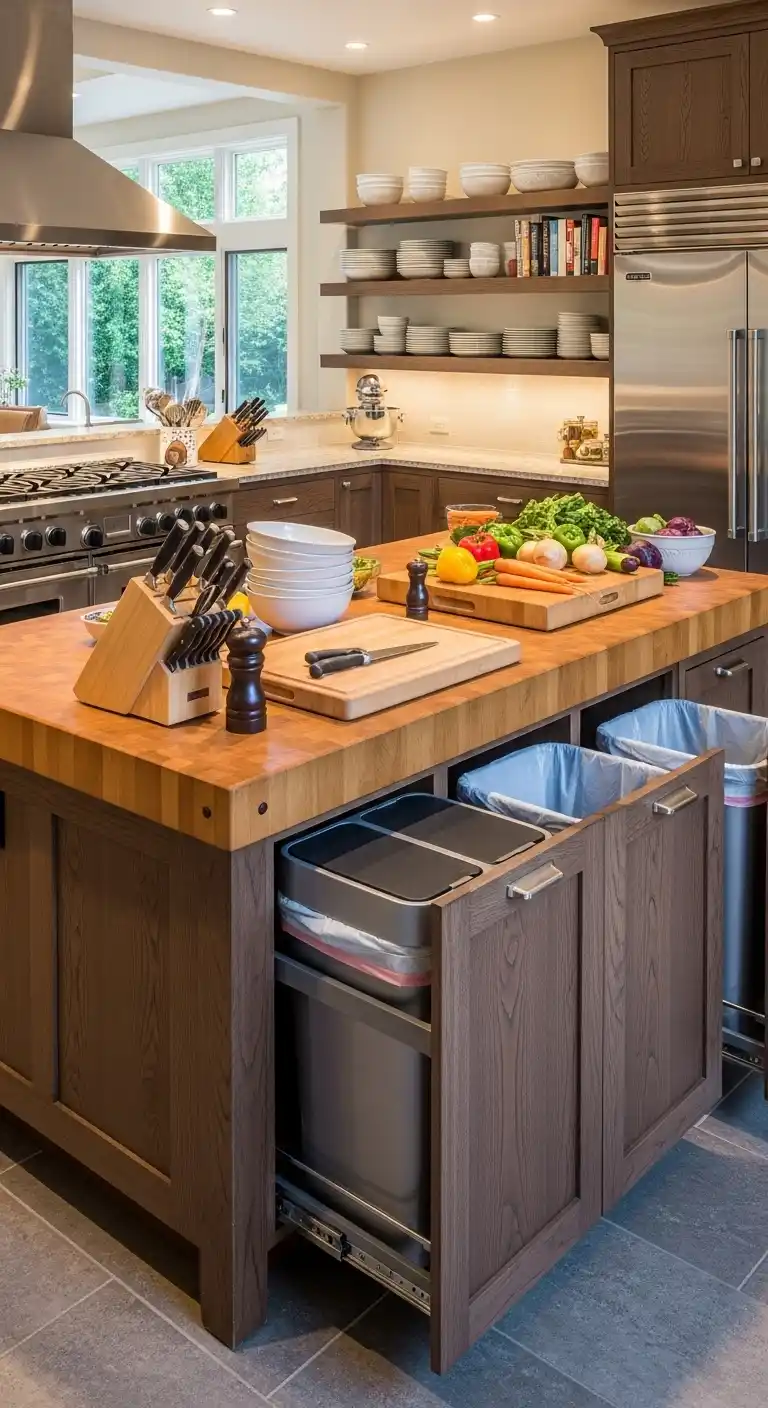 9. Butcher-Block Block Party With Hidden Trash and Recycling