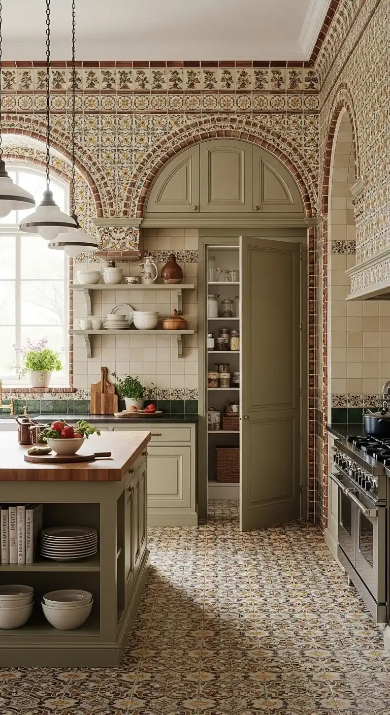 Vintage Tile Hall Kitchen With Hidden Pantry Passages