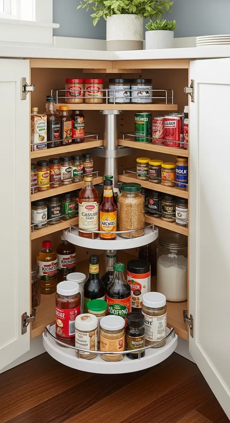 Add Lazy Susans for Corner Kitchen Cabinets Organization