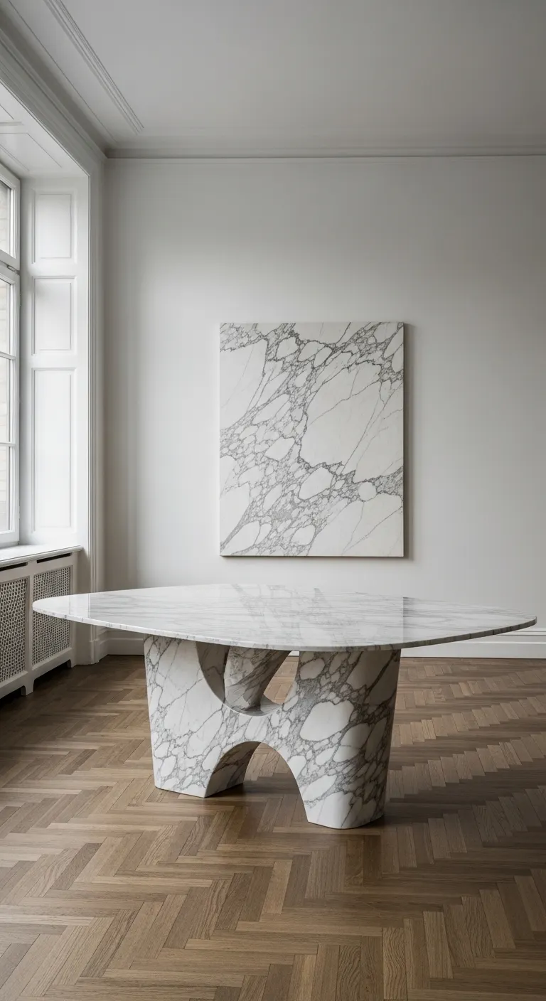 Artistic Interior Design Featuring a Sculptural Calacatta Marble Table