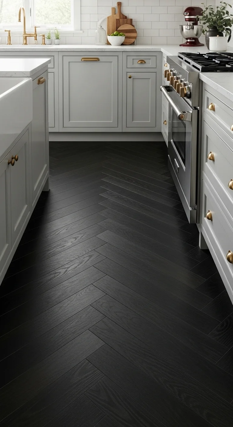 Black Herringbone Black Kitchen Flooring for Subtle Detail
