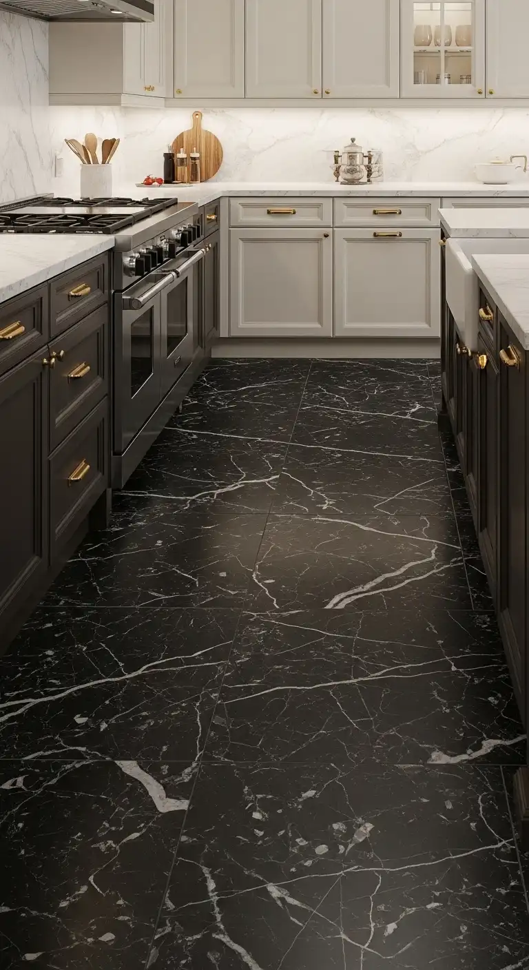 Black Marble Look Black Kitchen Flooring for Elegant Kitchens