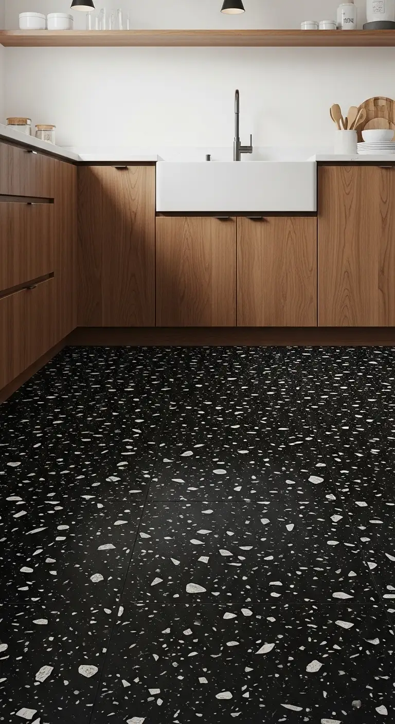 Black Terrazzo Black Kitchen Flooring for Artistic Style