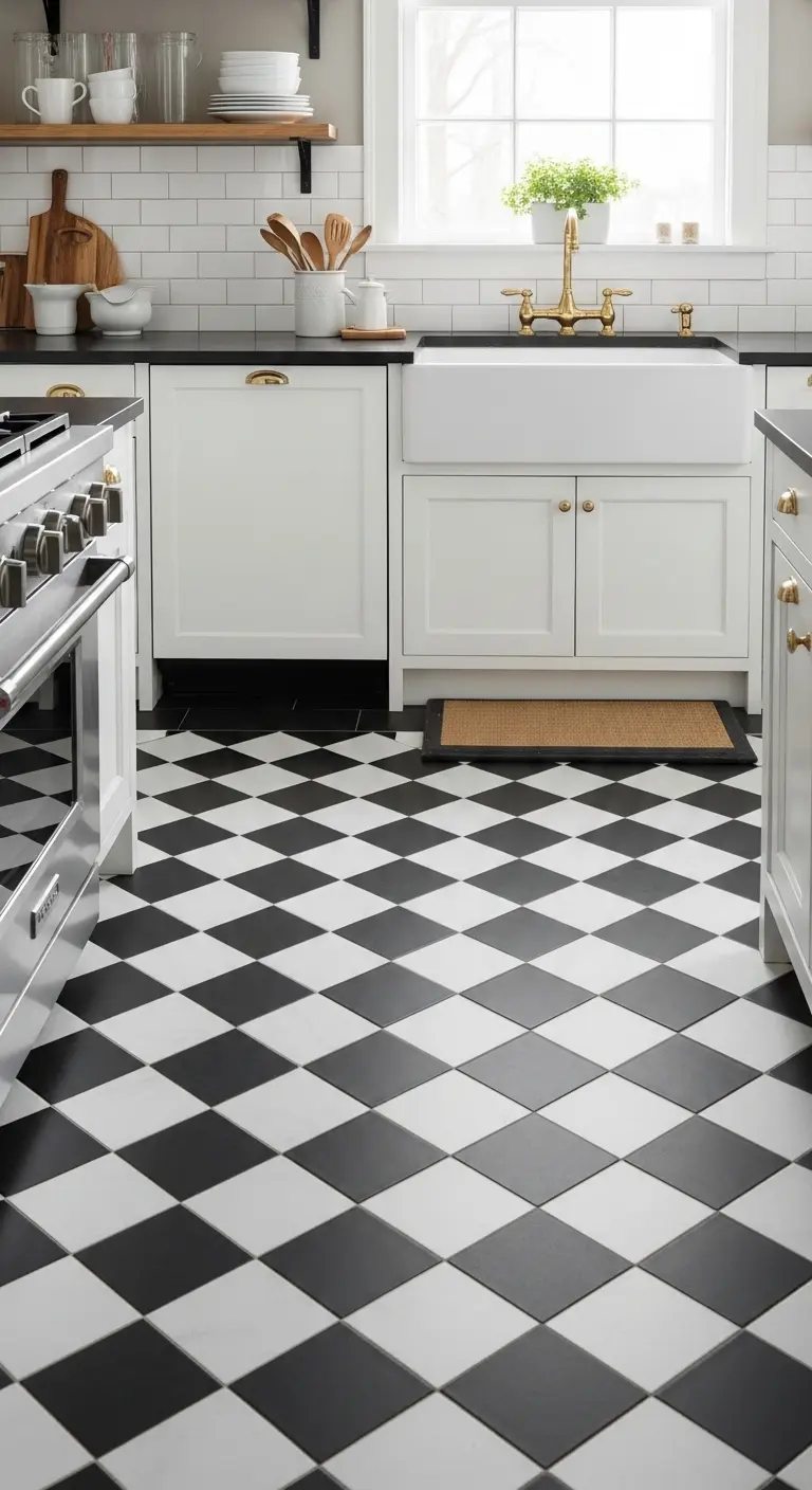 Black and White Kitchen Tile Flooring for Contrast