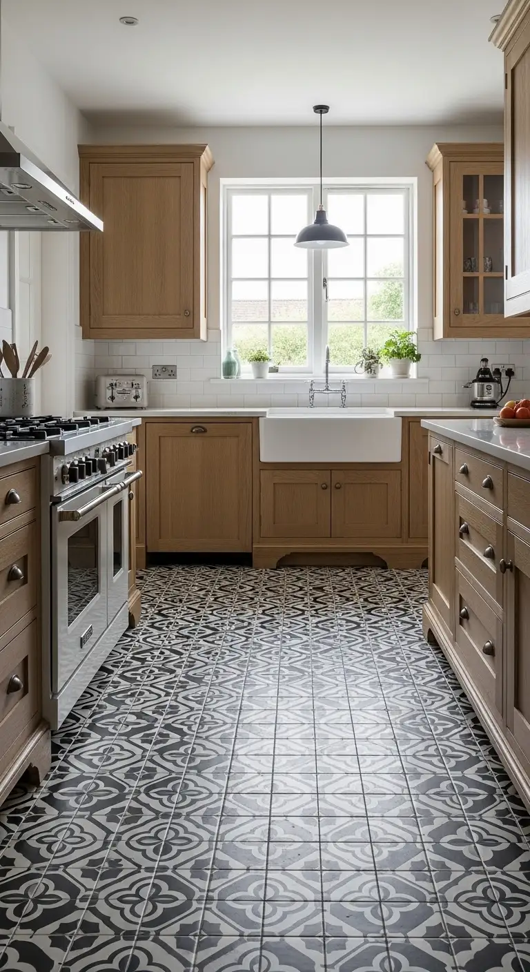 Black and White Patterned Black Kitchen Flooring for Vintage Character