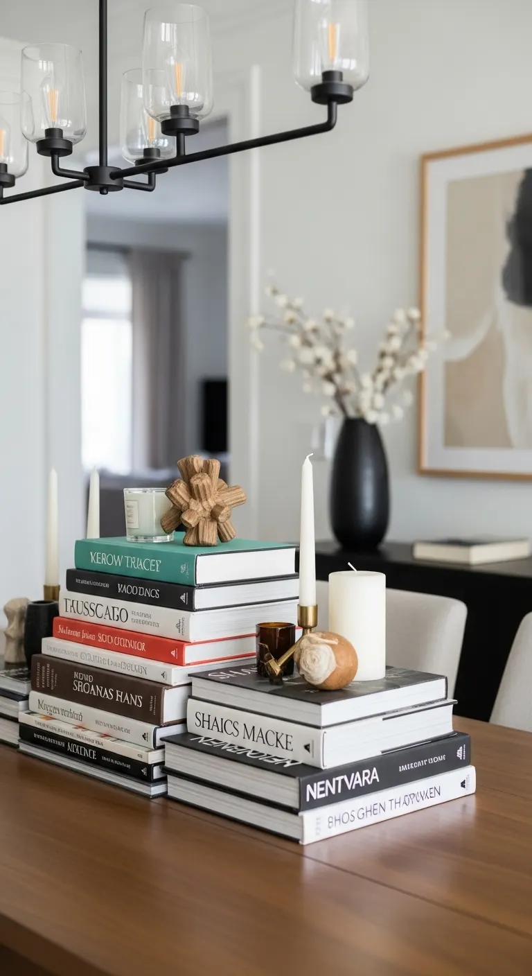 Books and Decorative Objects Dining Table Centerpiece Ideas