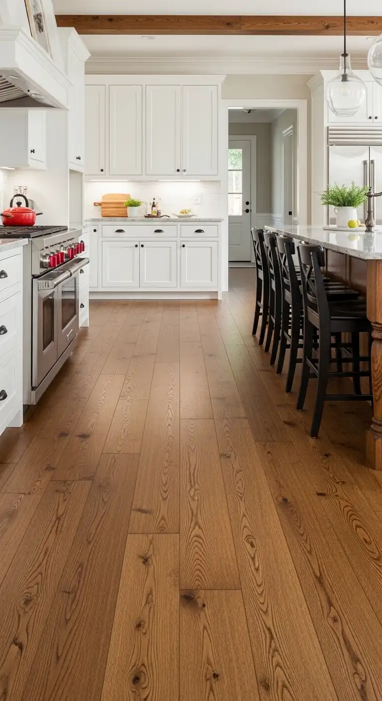 Classic Wide Plank Hardwood Farmhouse Kitchen Flooring