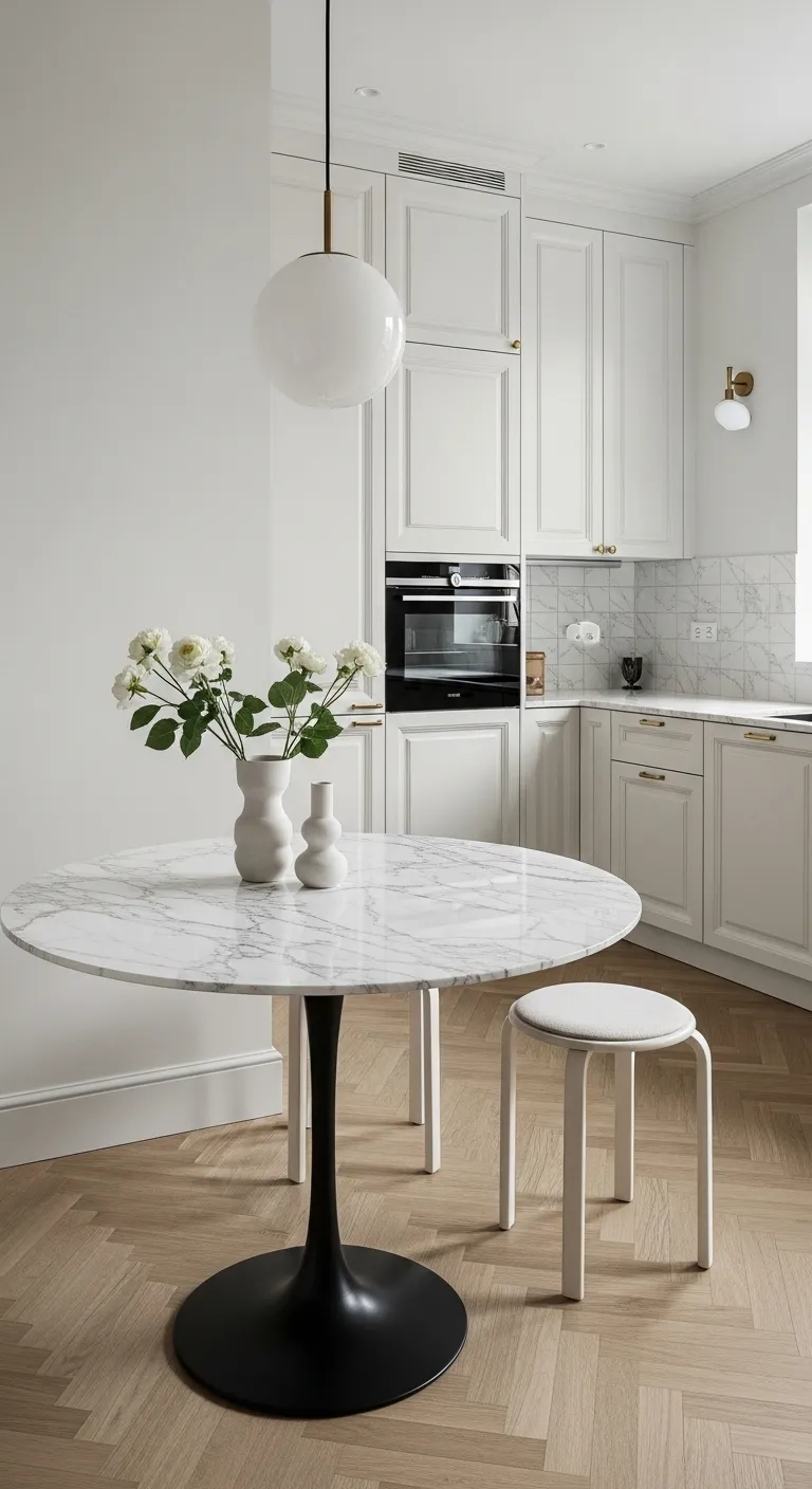 Compact Apartment Design Using a Round Calacatta Marble Table