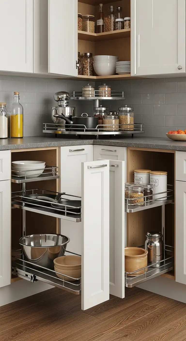 Corner Pull-Out Kitchen Cabinets Design for Hidden Storage