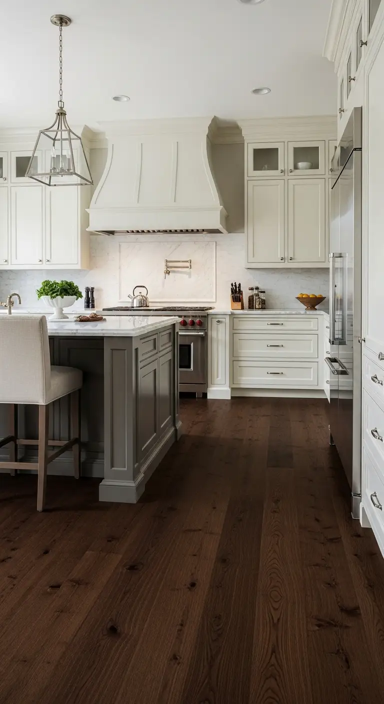 Dark walnut kitchen wood flooring for elegant contrast