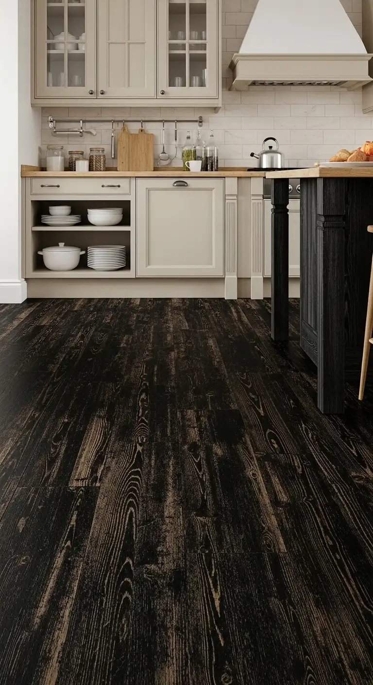 Distressed Wood Look Black Kitchen Flooring for Warm Contrast