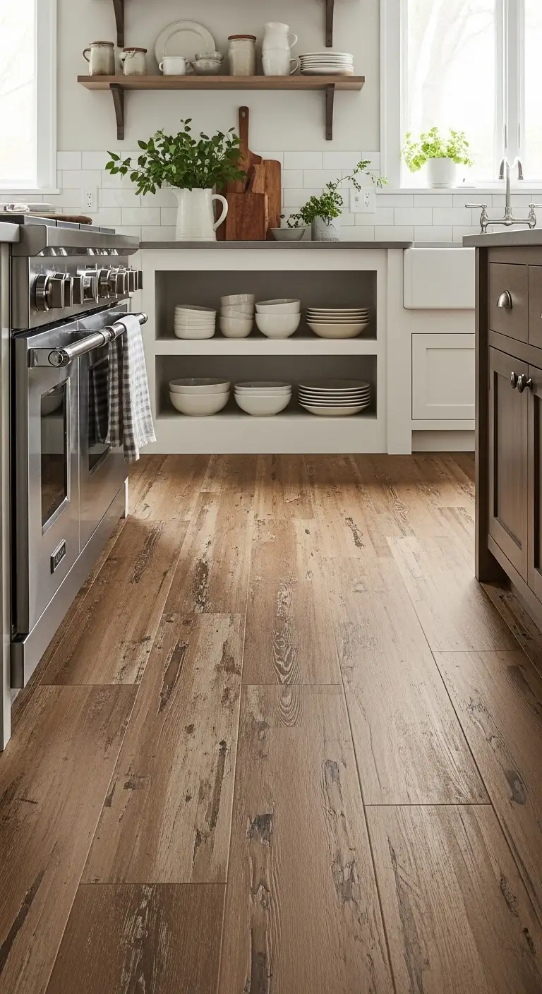 Distressed kitchen wood flooring for relaxed warmth