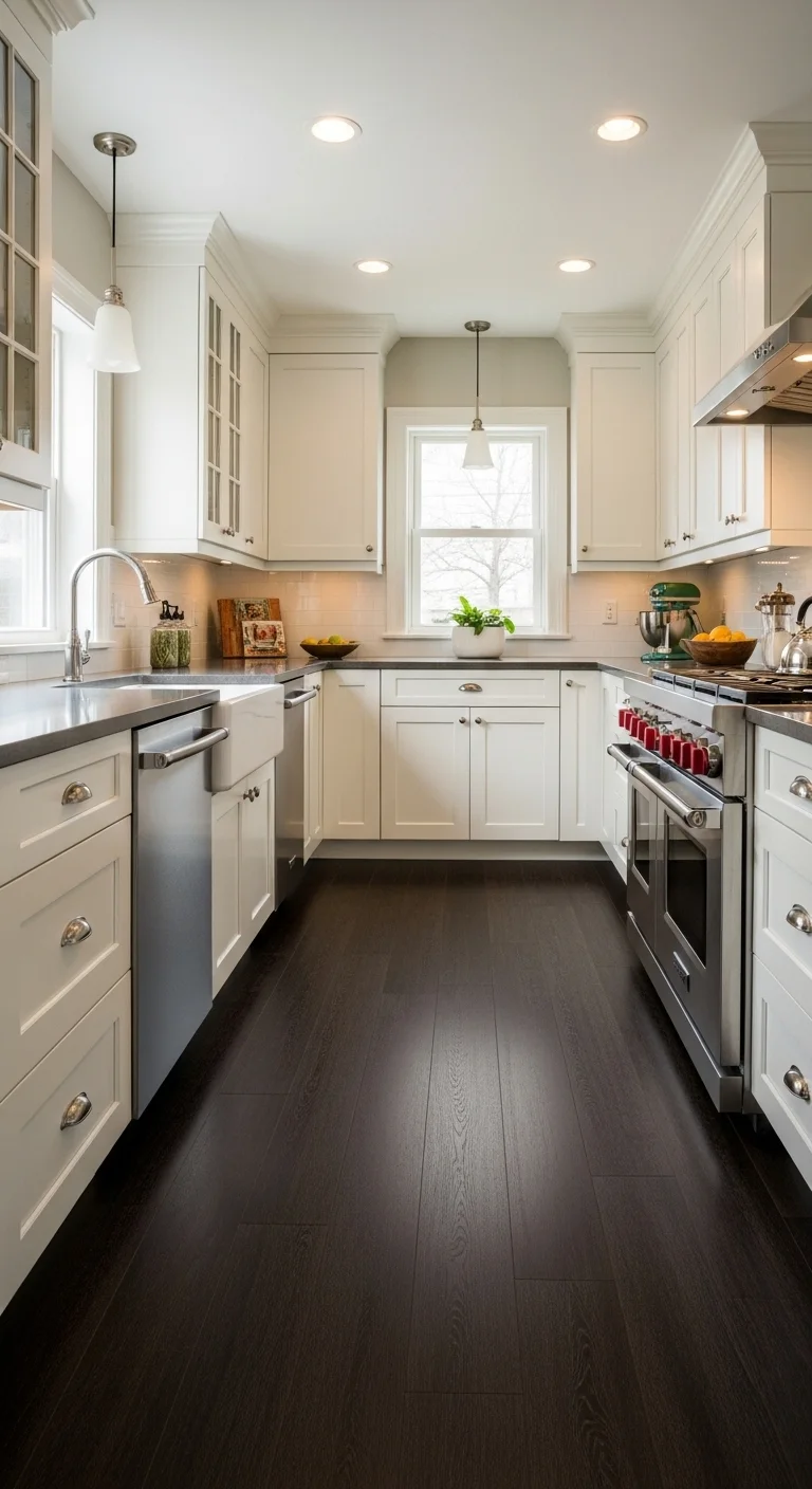 Espresso kitchen wood flooring for bold contrast