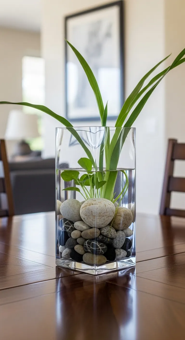Glass Vase and Decorative Stones Dining Table Centerpiece Ideas