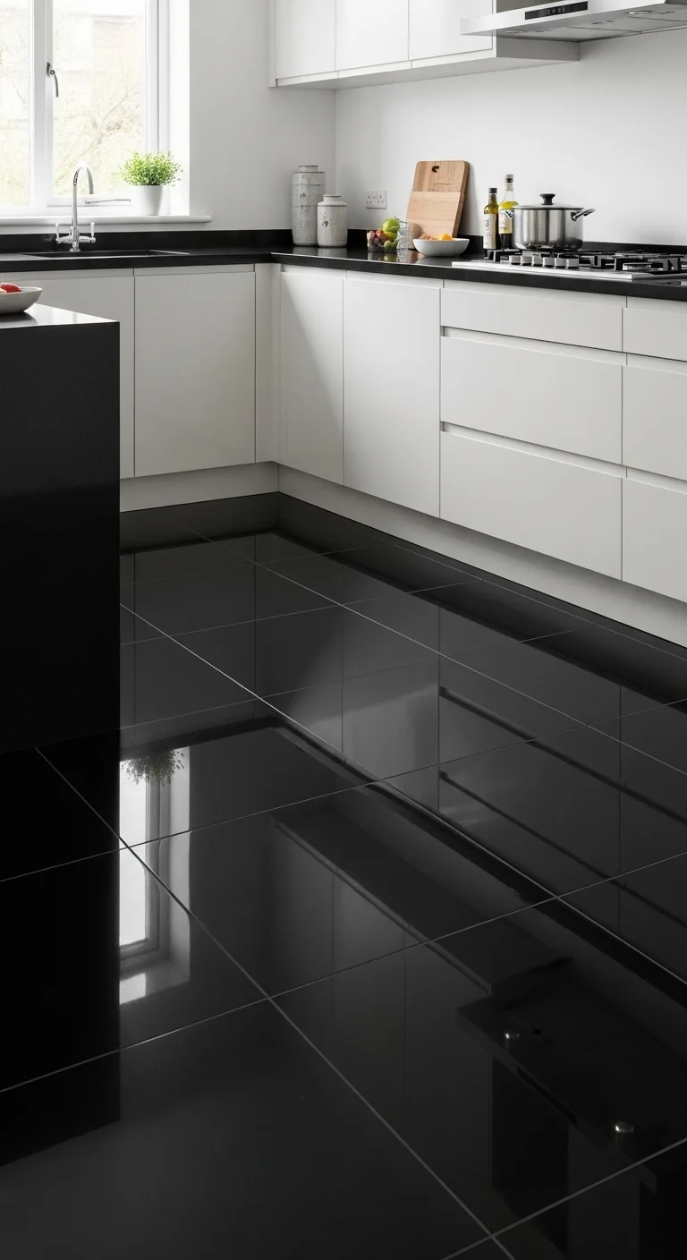 Glossy Black Tile Black Kitchen Flooring for Reflective Drama