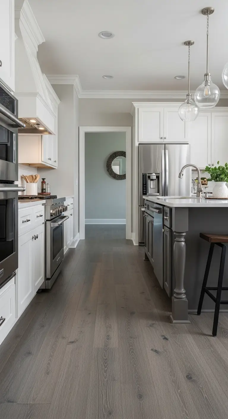 Gray toned kitchen wood flooring for a soft contemporary style