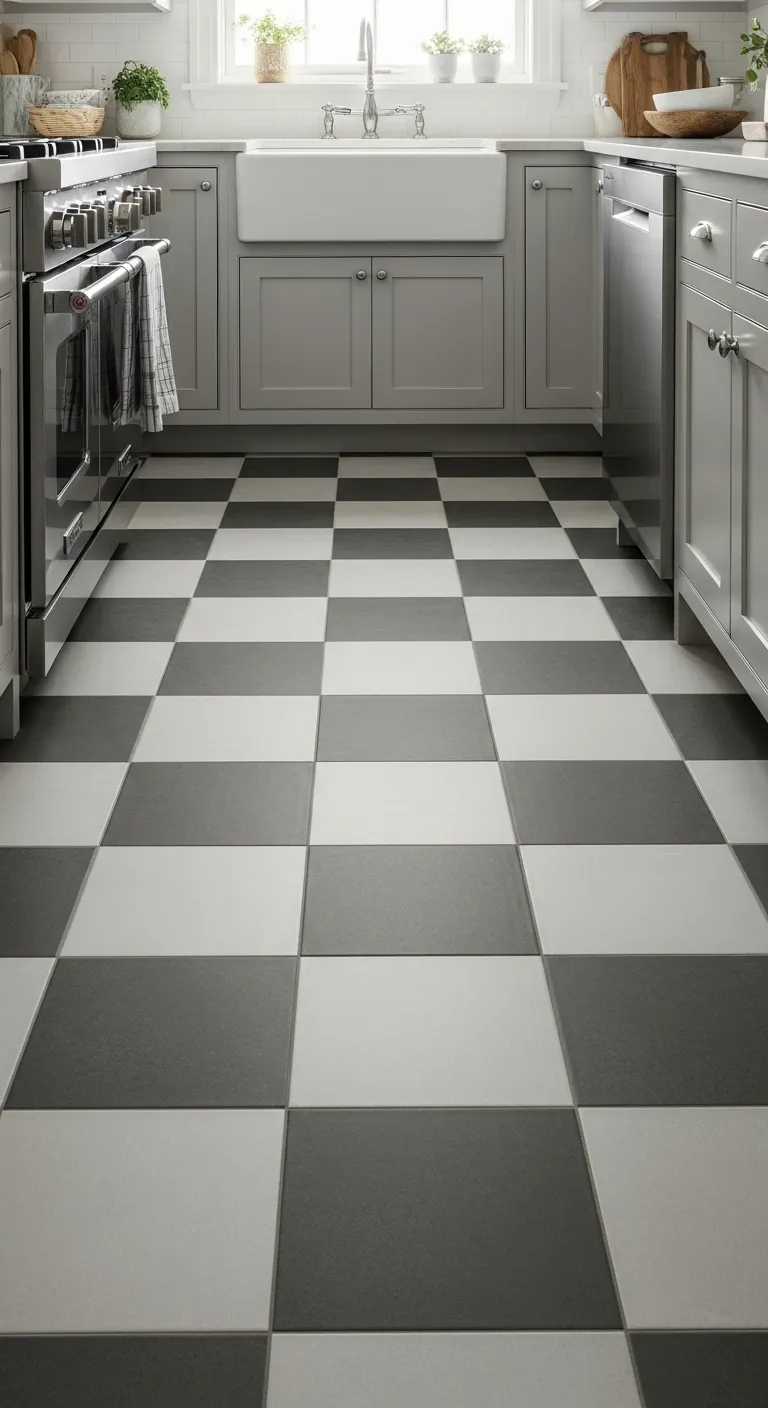 Grey Kitchen Flooring with Checkerboard Patterns