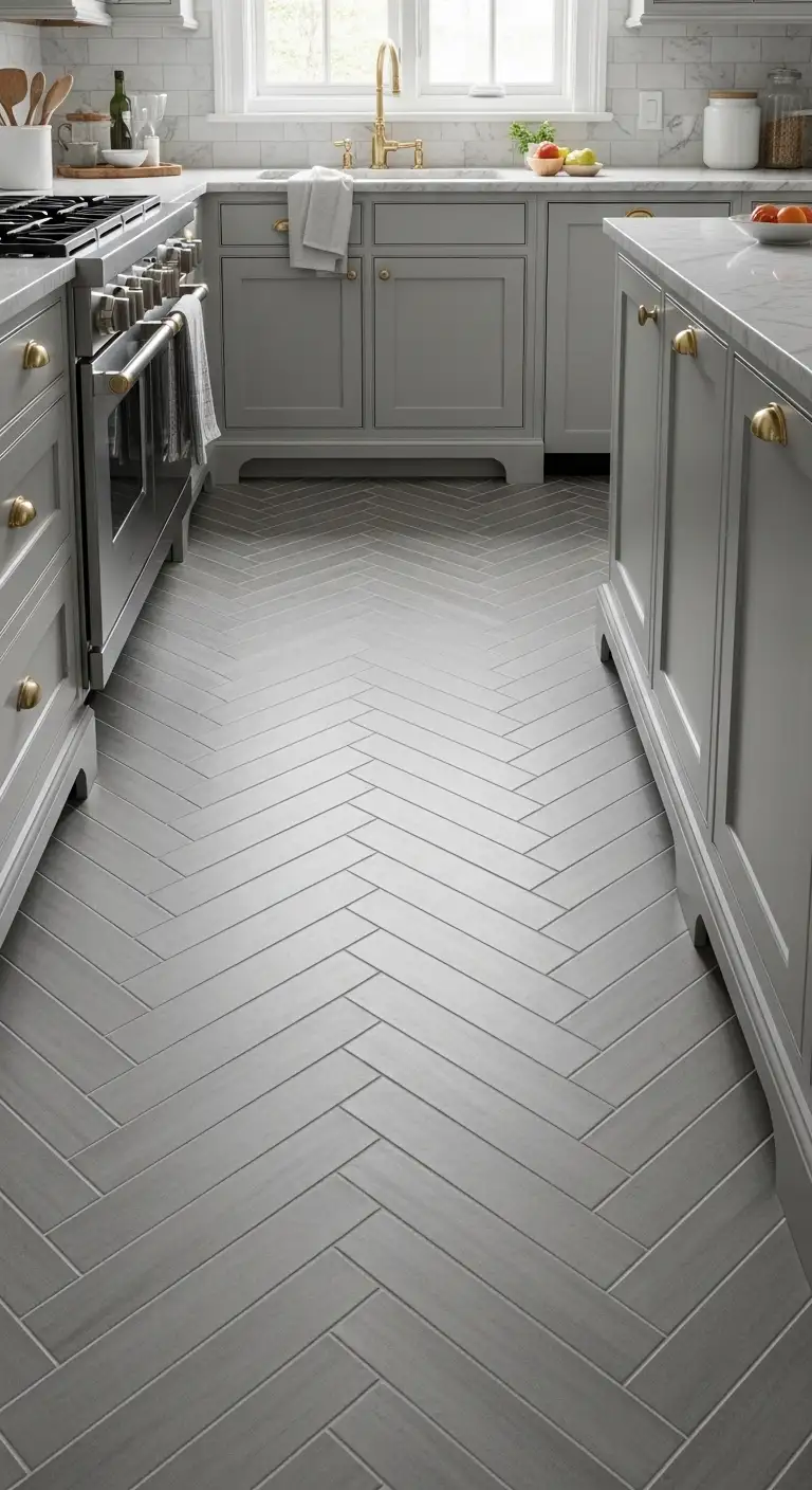 Grey Kitchen Flooring with Herringbone Tile Patterns