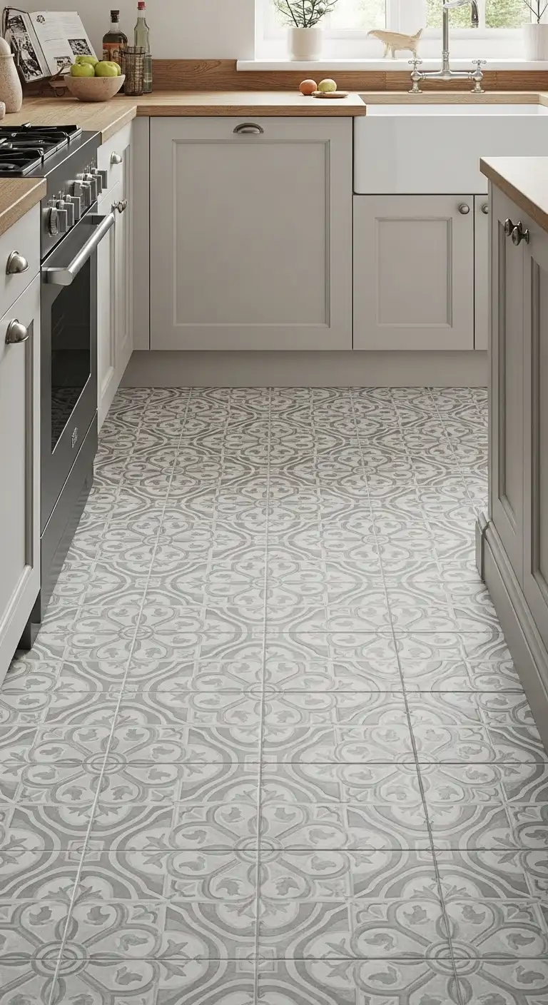 Grey Kitchen Flooring with Patterned Encaustic Tiles