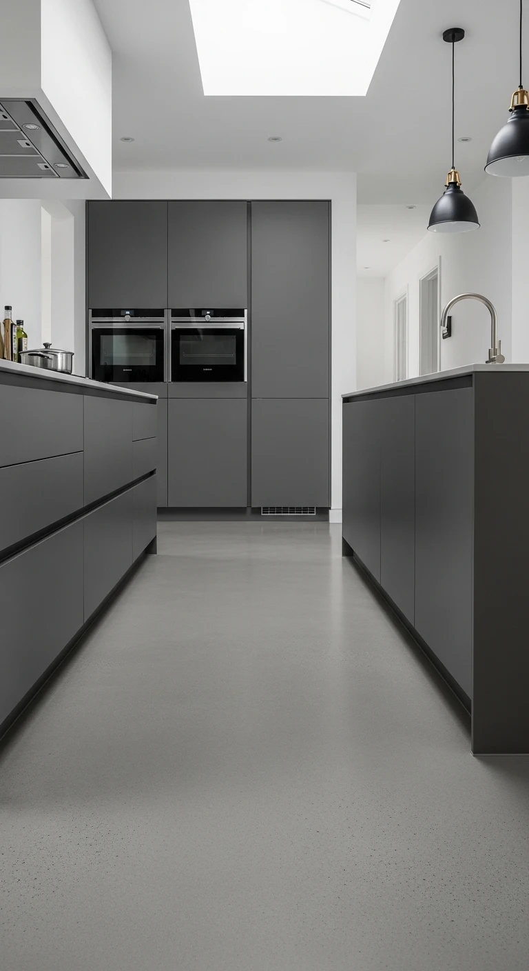 Grey Kitchen Flooring with Polished Concrete Surfaces