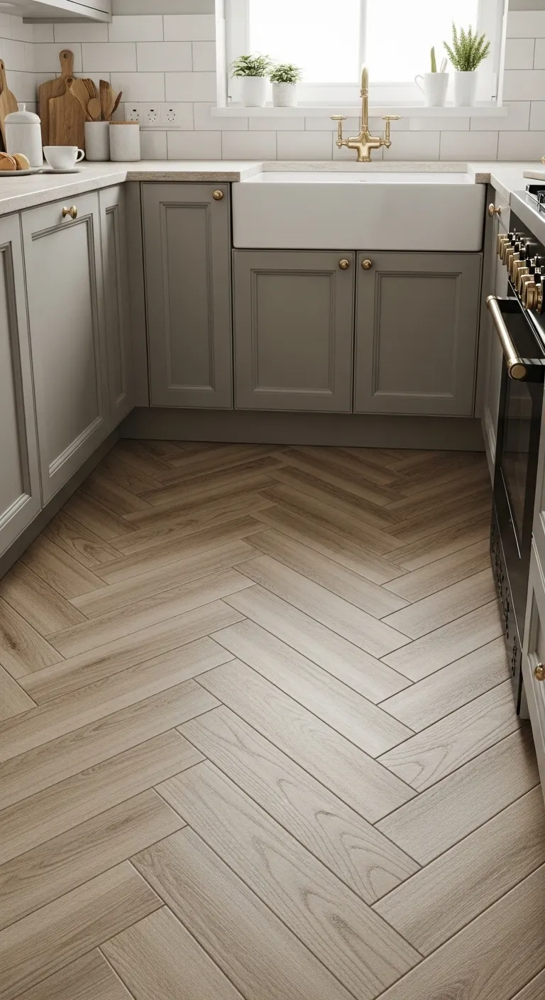Herringbone Floors for Elegant Small Kitchen Style