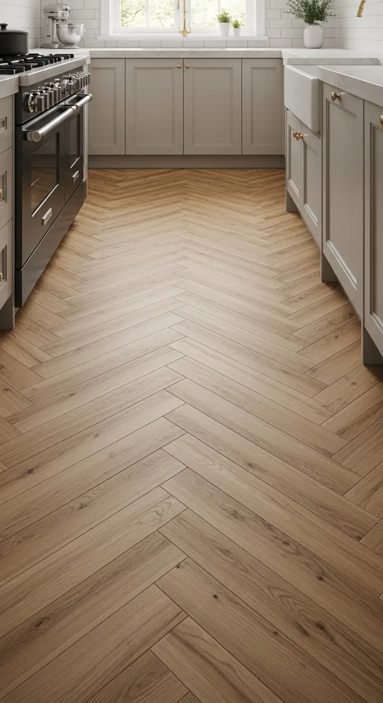 Herringbone kitchen wood flooring for timeless movement
