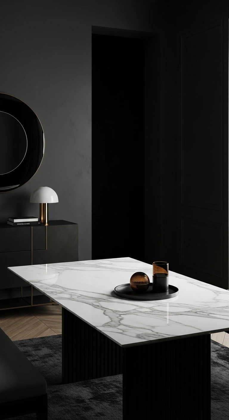 High-Contrast Interior Design Using a Calacatta Marble Table