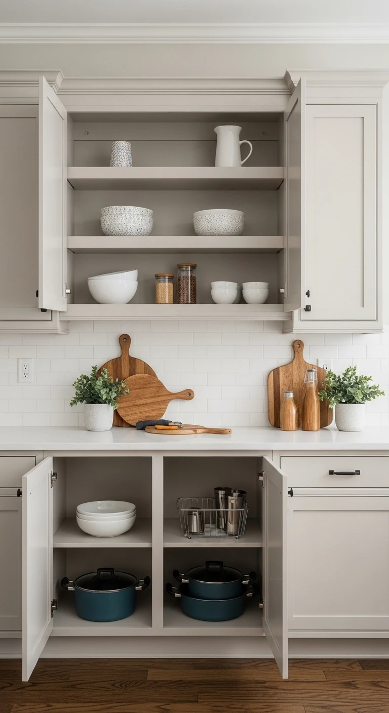 Hybrid Open and Closed Cabinet Storage for Balanced Kitchen Design