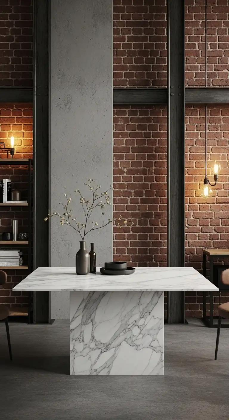Industrial Style Space with a Calacatta Marble Table Contrast