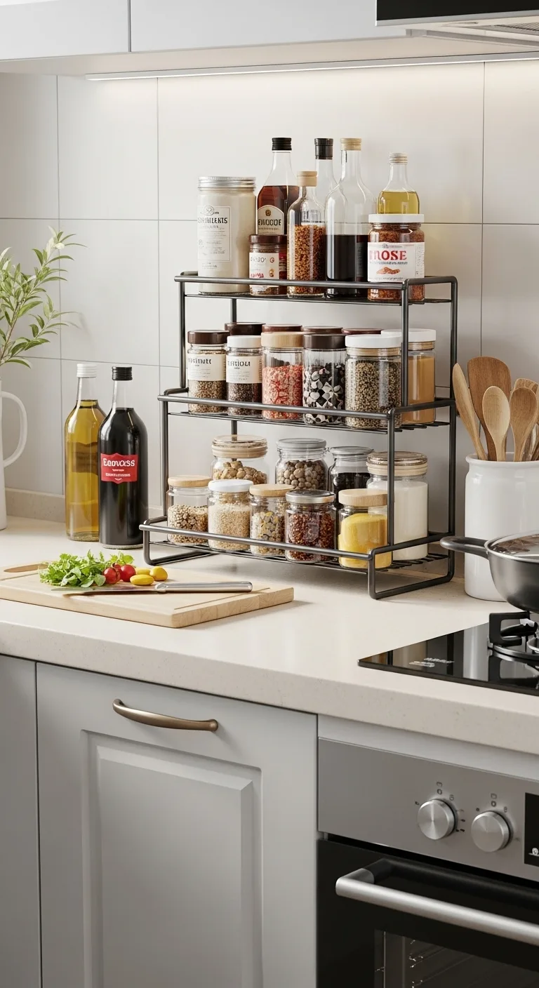 Kitchen Counter Organization Using Tiered Racks