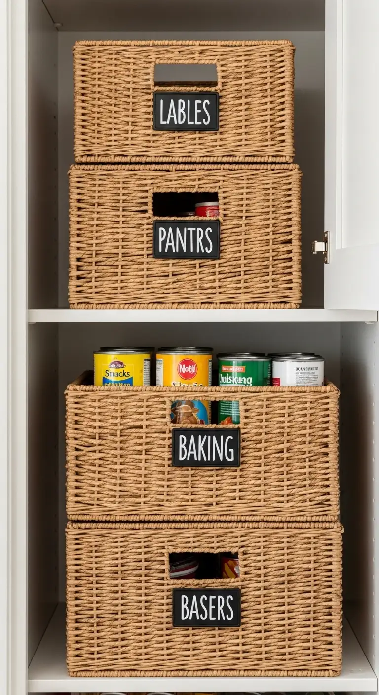 Labeled Pantry Baskets for Categorized Storage