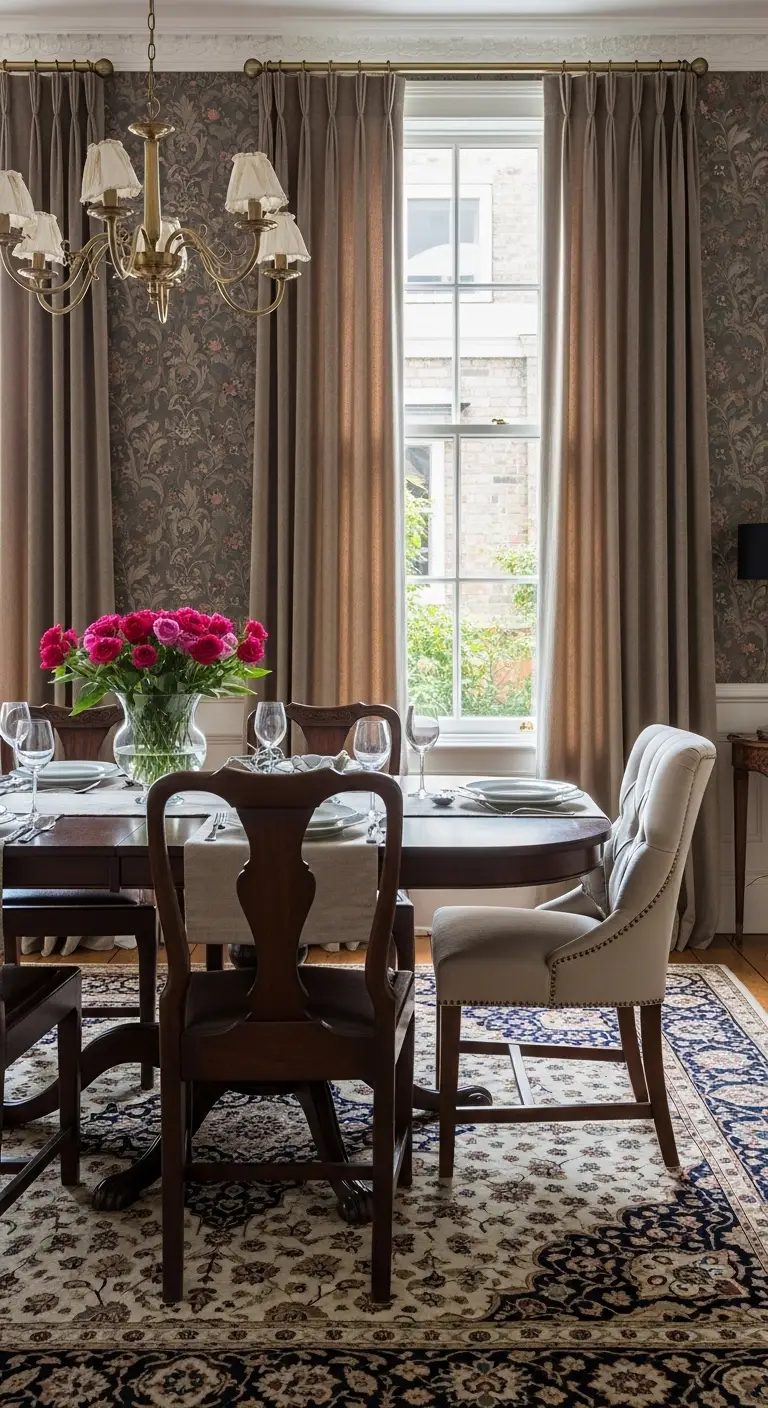 Layer Textiles for a Cozy Victorian Dining Room Atmosphere
