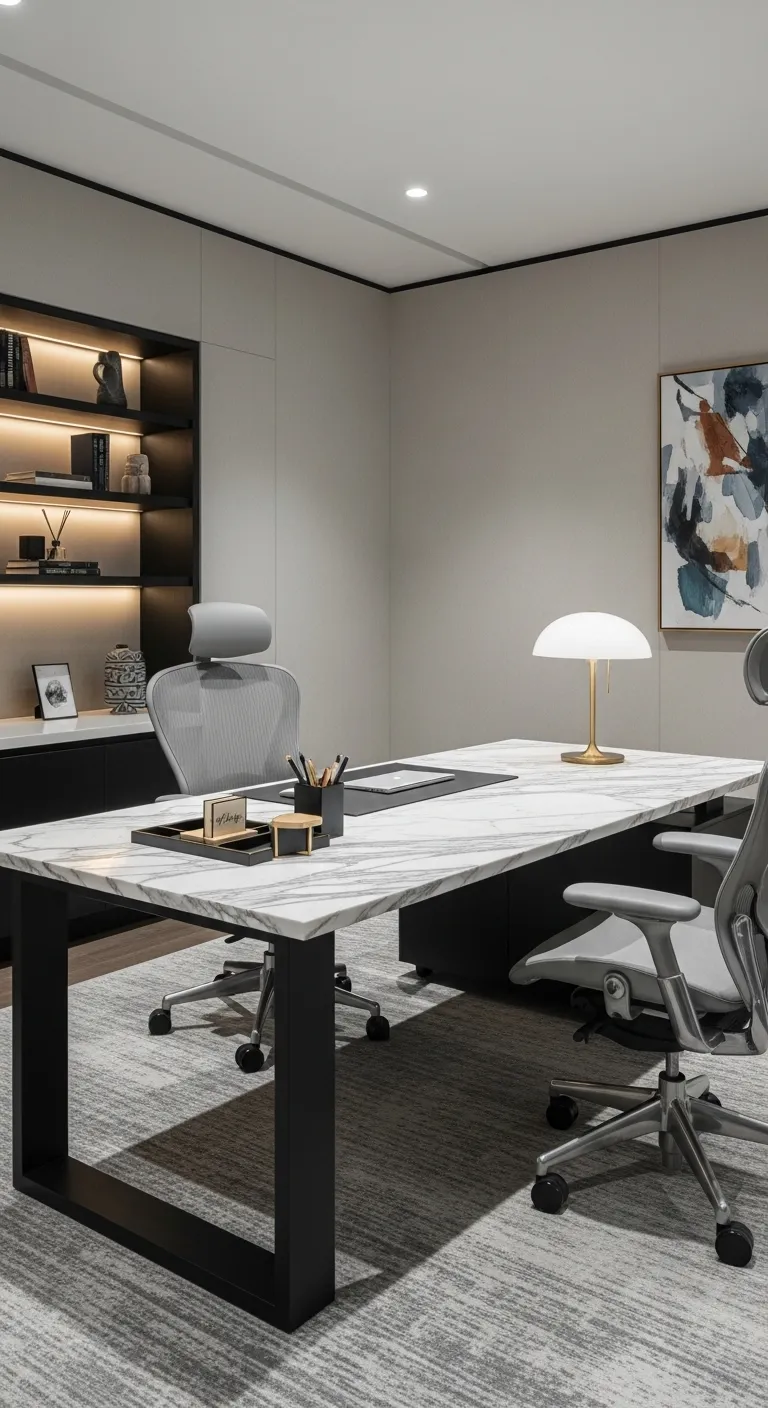 Luxurious Office Setup with a Calacatta Marble Table Desk