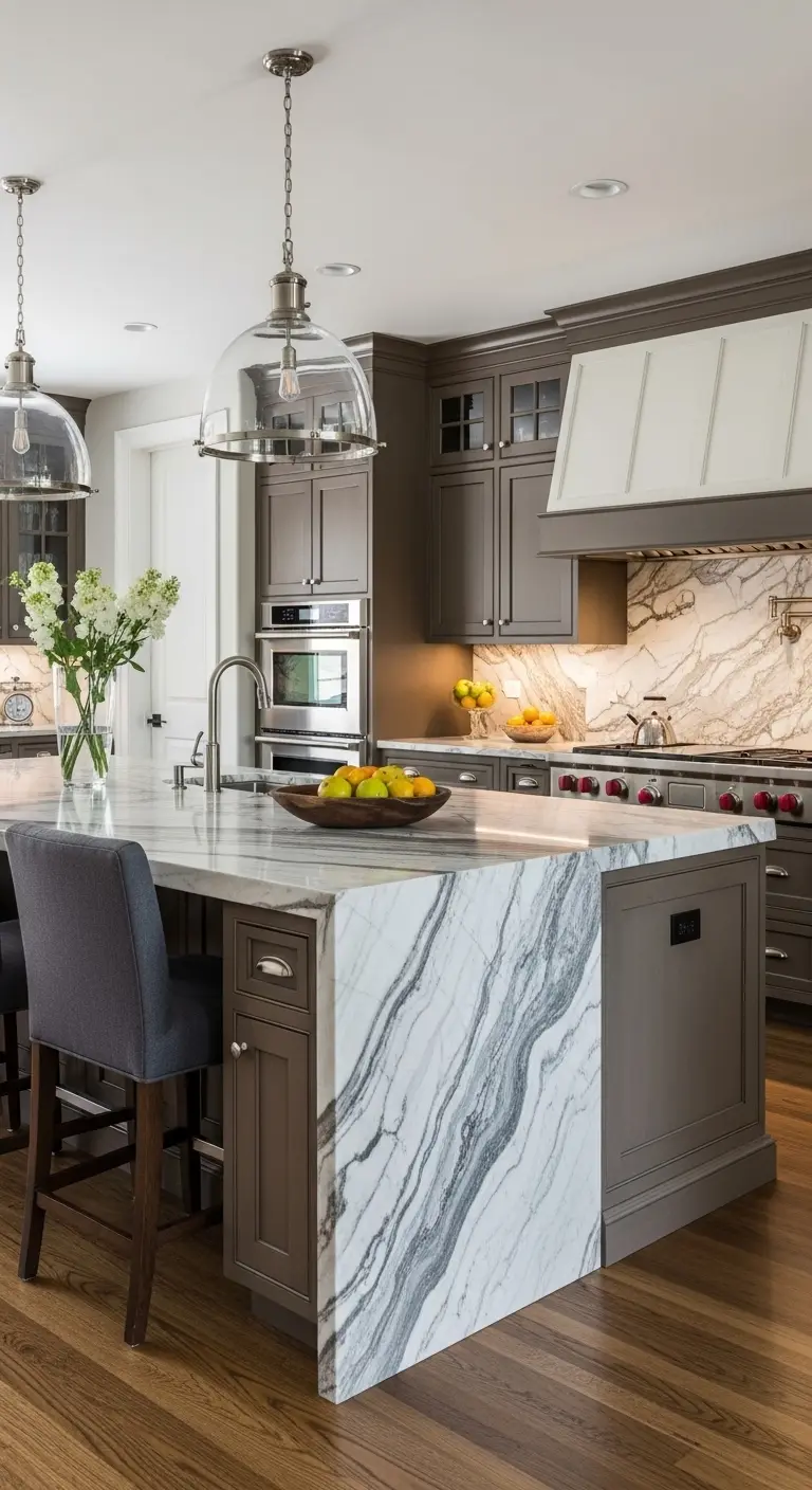 Luxury Kitchen Design with Oversized Waterfall Islands
