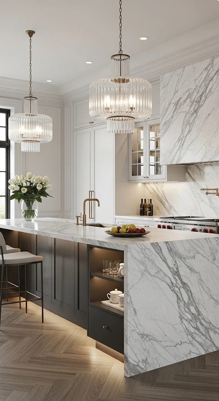 Marble Waterfall Islands in a Luxury Kitchen Interior