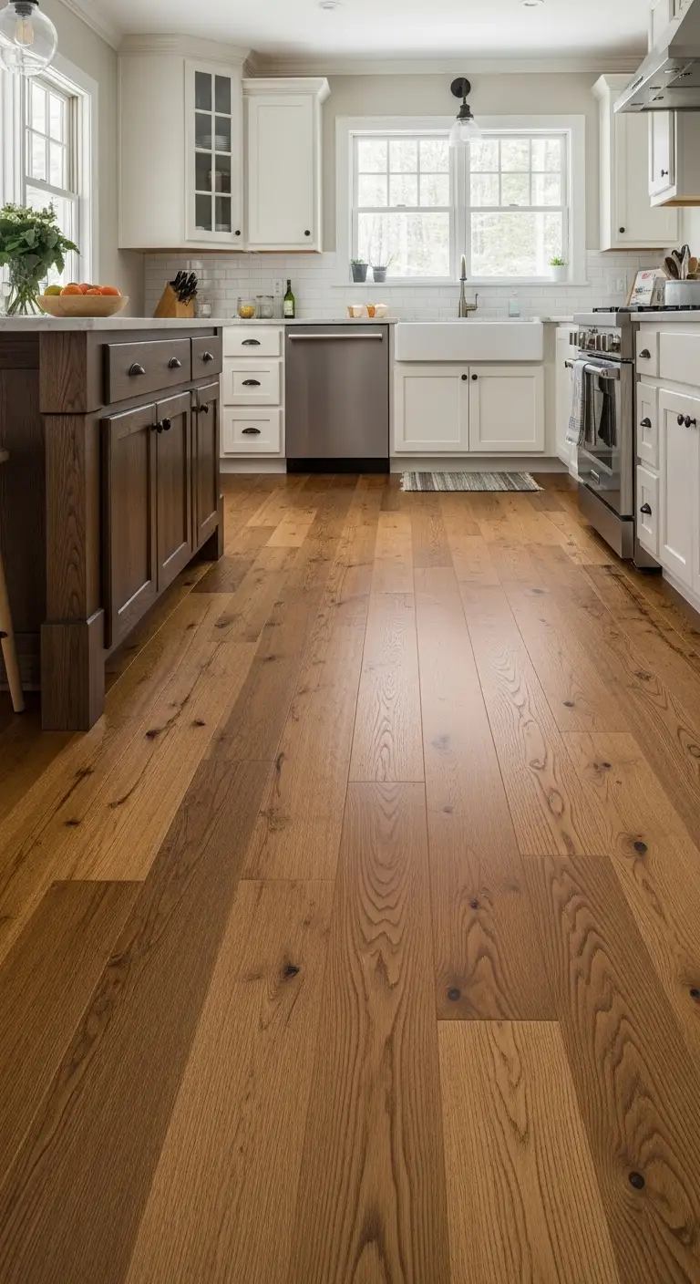Mixed width kitchen wood flooring for custom appeal