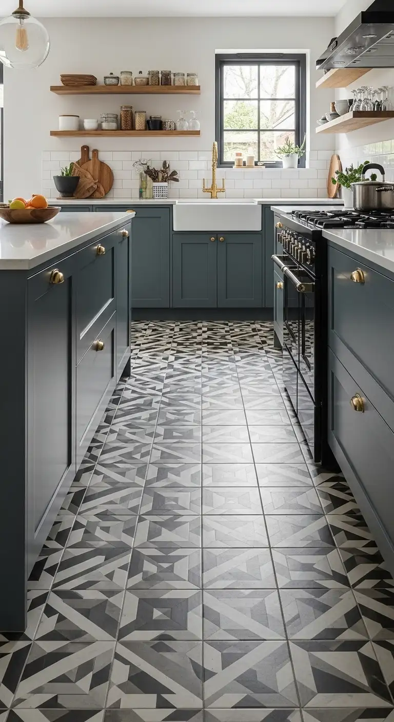 Modern Kitchen Flooring with Geometric Pattern Tiles